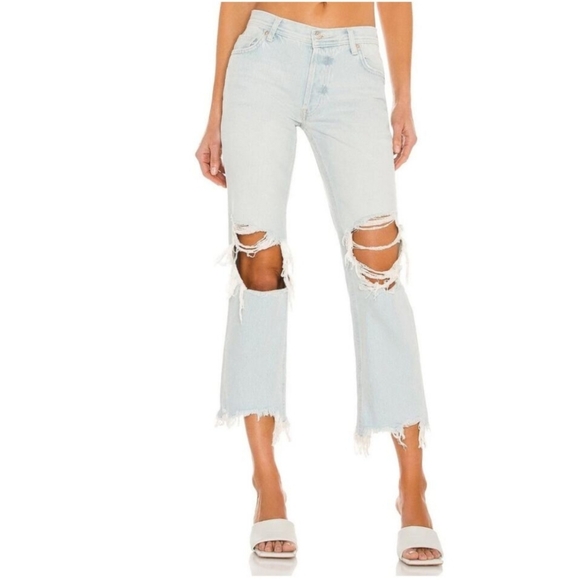 We The Free Denim - We The Free Maggie Midrise Straight Leg Distressed Knee Jeans Size 28 Light Crop